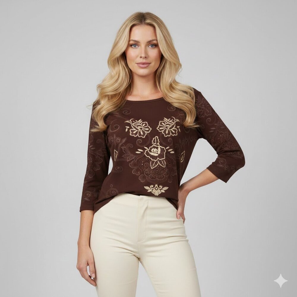 Brown Floral Print 3/4 Length Sleeve Shirt